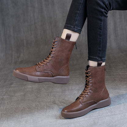 Women's Flat Heel Retro Leather Lace Up Ankle Boots Soft