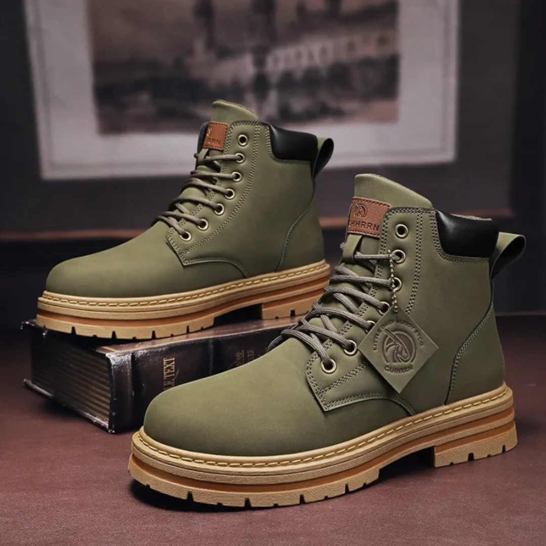 Men's waterproof leather hiking combat boots by LAKD with rugged soles, designed for durability and outdoor adventure.