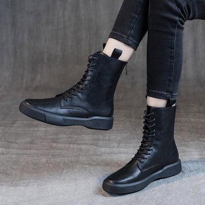 Women's Flat Heel Retro Leather Lace Up Ankle Boots Soft