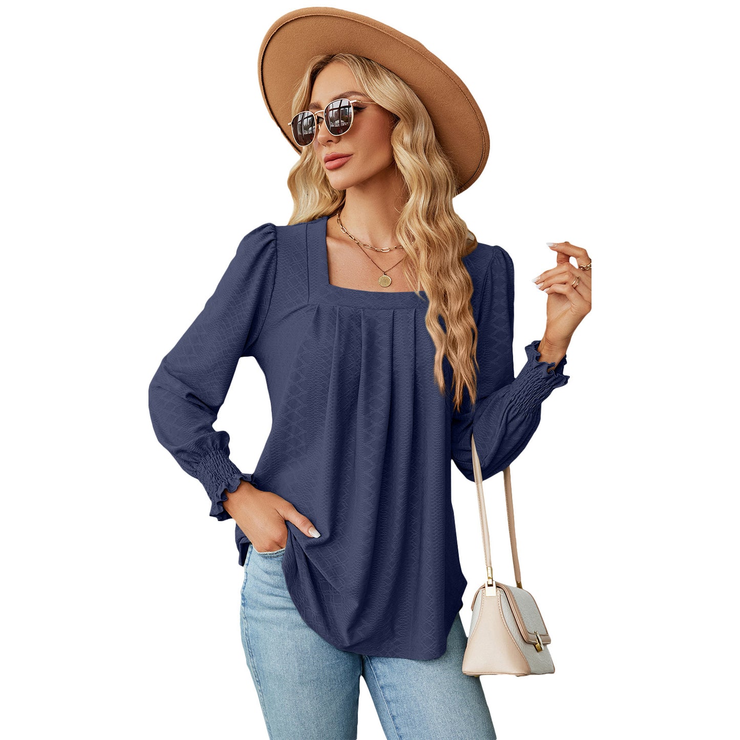 Women's Jacquard Pleated Solid Colour Long Sleeve Pullover Top Casual - LAKD London