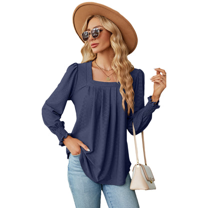 Women's Jacquard Pleated Solid Colour Long Sleeve Pullover Top Casual - LAKD London