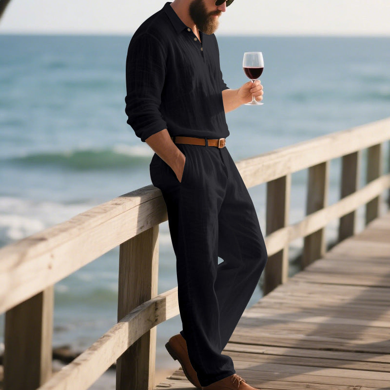 Men's Linen Two-Piece Summer Shirt Trousers Casual Comfortable Set