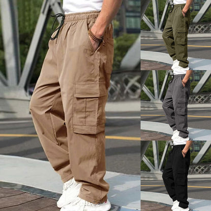 Men's Casual Straight Cargo Trousers Drawstring Waist Pockets Style Everyday