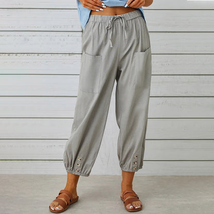 Women's Drawstring Tie Cotton Linen Trousers With Pockets Casual Style