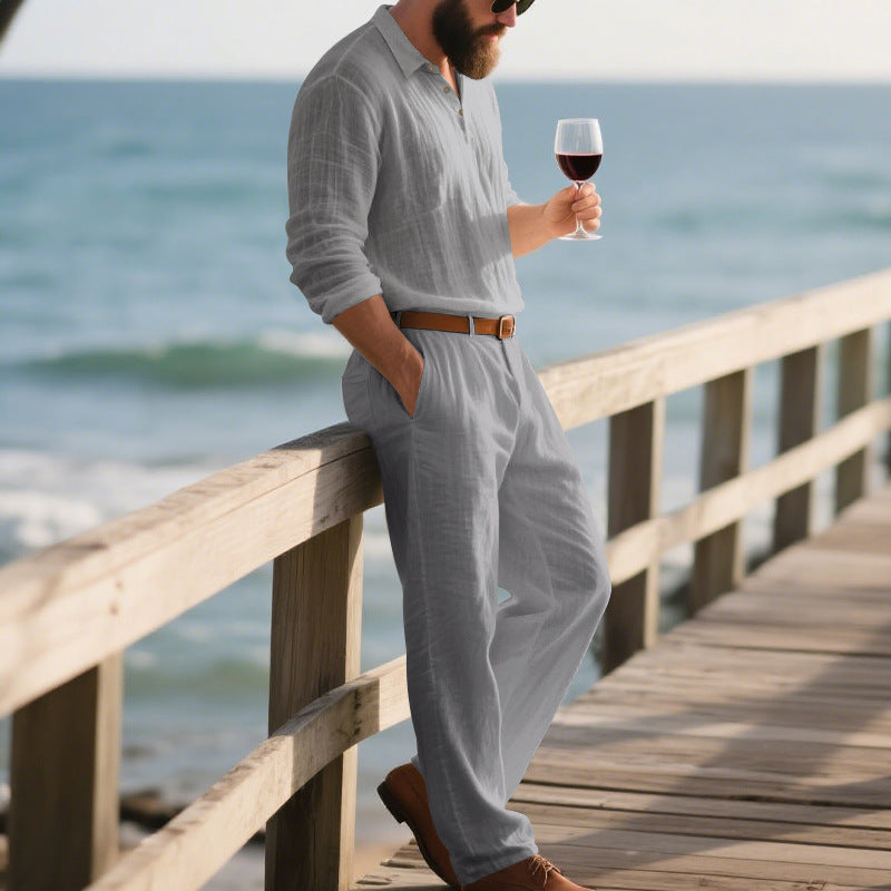 Men's Linen Two-Piece Summer Shirt Trousers Casual Comfortable Set