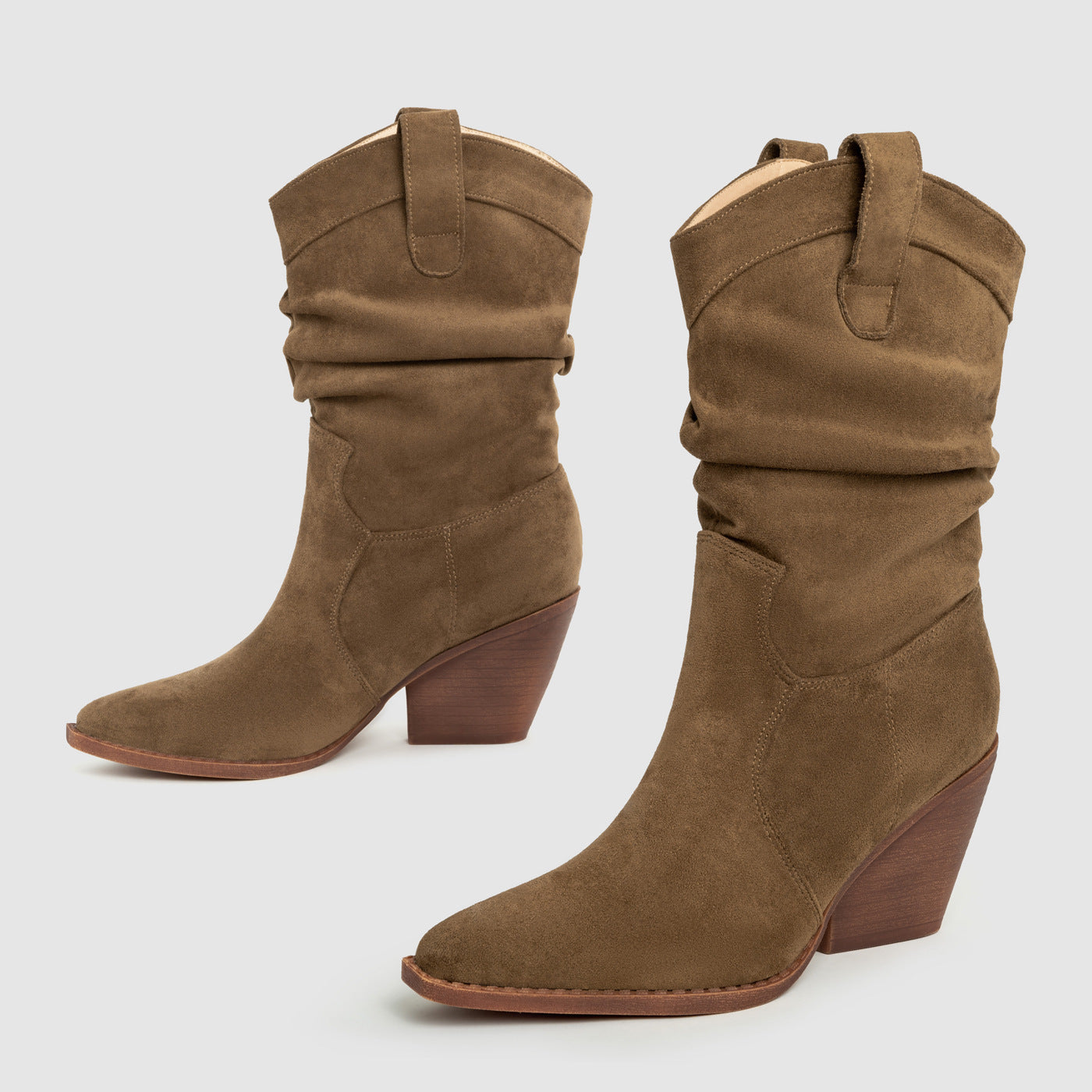 Women's Chunky Heel Mid Calf Boots Brown Pointed Toe Fashion