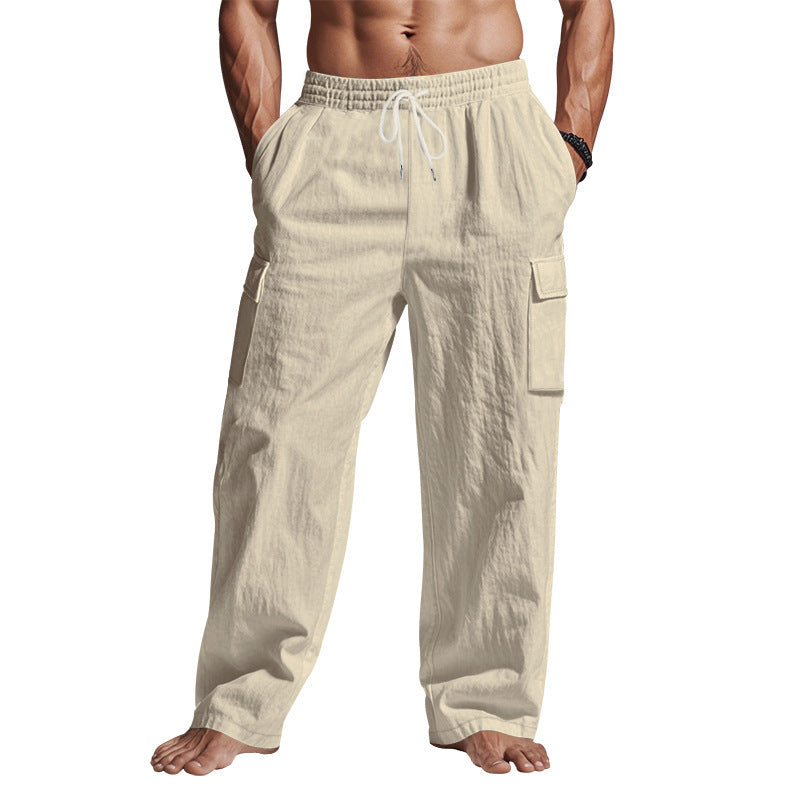 Men's Multi-Pocket Linen Cargo Trousers Straight Leg Casual Wear - LAKD London