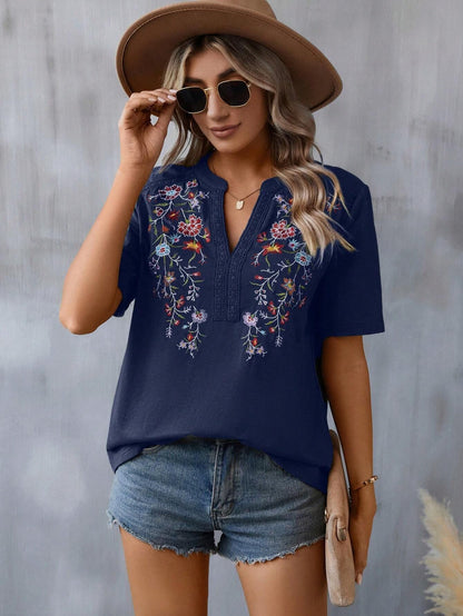 Women's Embroidered Short Sleeve Lace Collar Summer Blouse Shirt - LAKD London