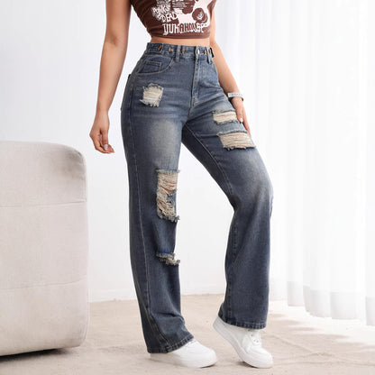Women's High Waist Distressed Jeans - Straight Leg Ripped Denim Pants Casual Style