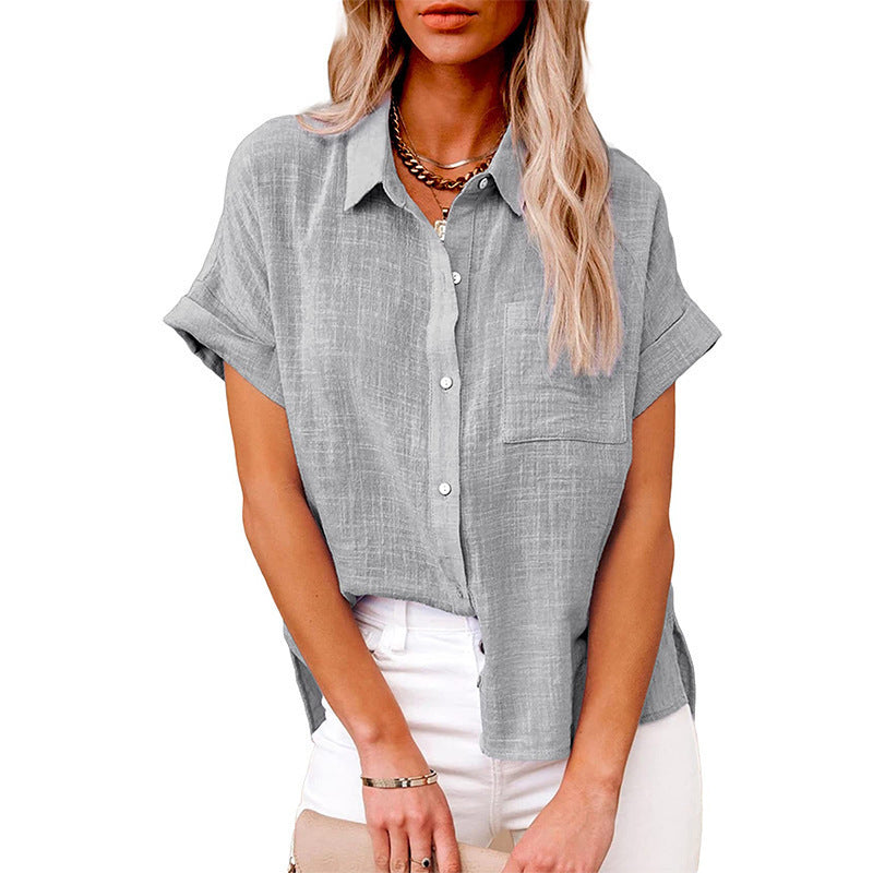 Women's Summer Cotton Short Sleeve Linen Lapel Button Shirt - LAKD London