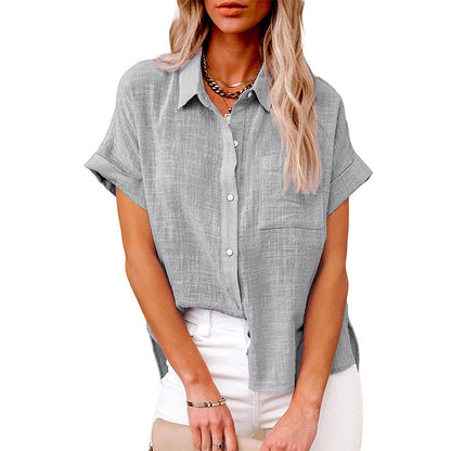 Women's Summer Cotton Short Sleeve Linen Lapel Button Shirt - LAKD London