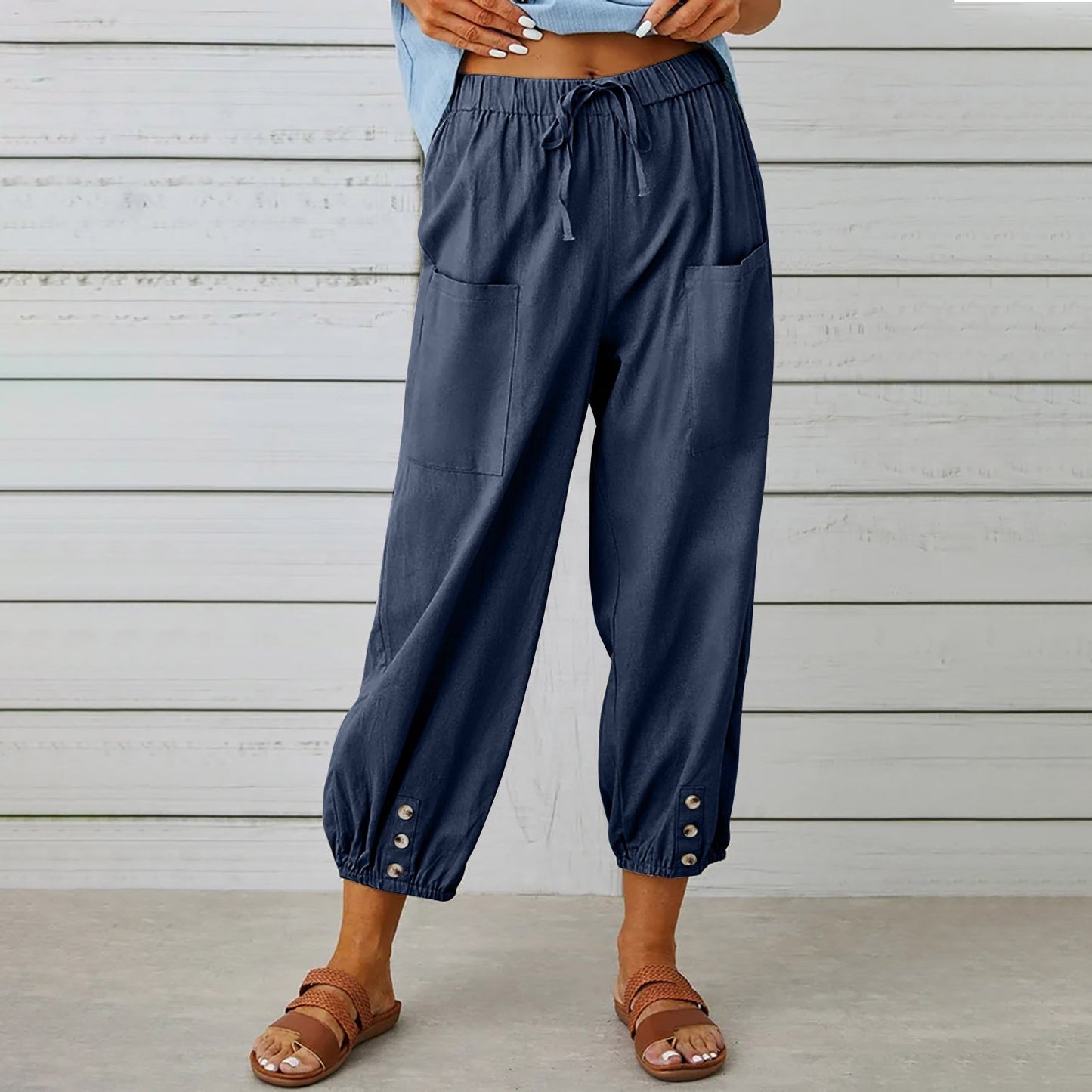 Women's Drawstring Tie Cotton Linen Trousers With Pockets Casual Style