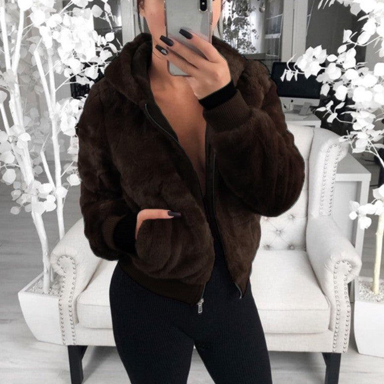 Women's Hooded Rabbit Faux Fur Plush Coat Bomber Jacket - LAKD London