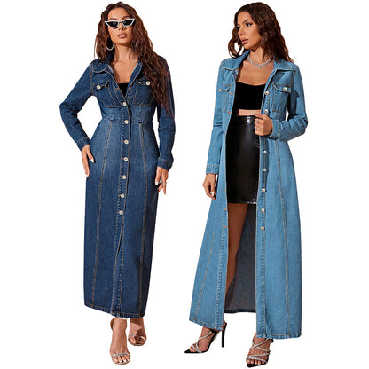 Women's Denim Button Down Cardigan Maxi Dress Casual Street Style