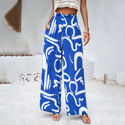 Women's Printed Summer High Waist Loose Straight Trousers Casual Style