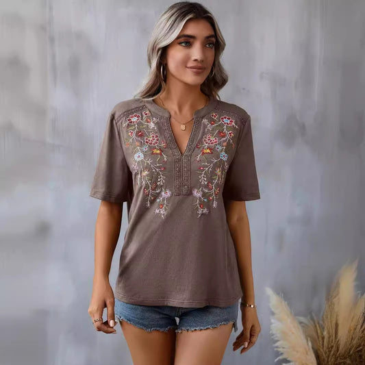 Women's Embroidered Short Sleeve Lace Collar Summer Blouse Shirt - LAKD London