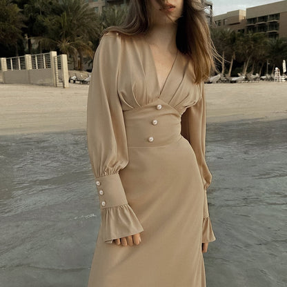 Women's V-Neck Slim Fit Elegant French Chiffon Midi Dress