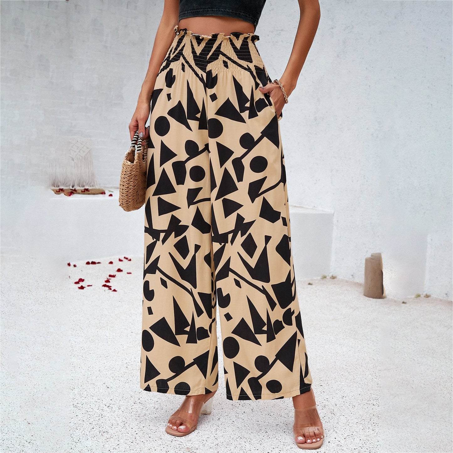 Women's Printed Summer High Waist Loose Straight Trousers Casual Style