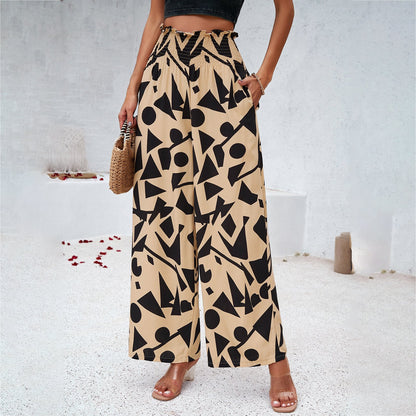 Women's Printed Summer High Waist Loose Straight Trousers Casual Style