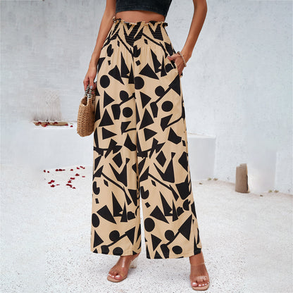 Women's Printed Summer High Waist Loose Straight Trousers Casual Style