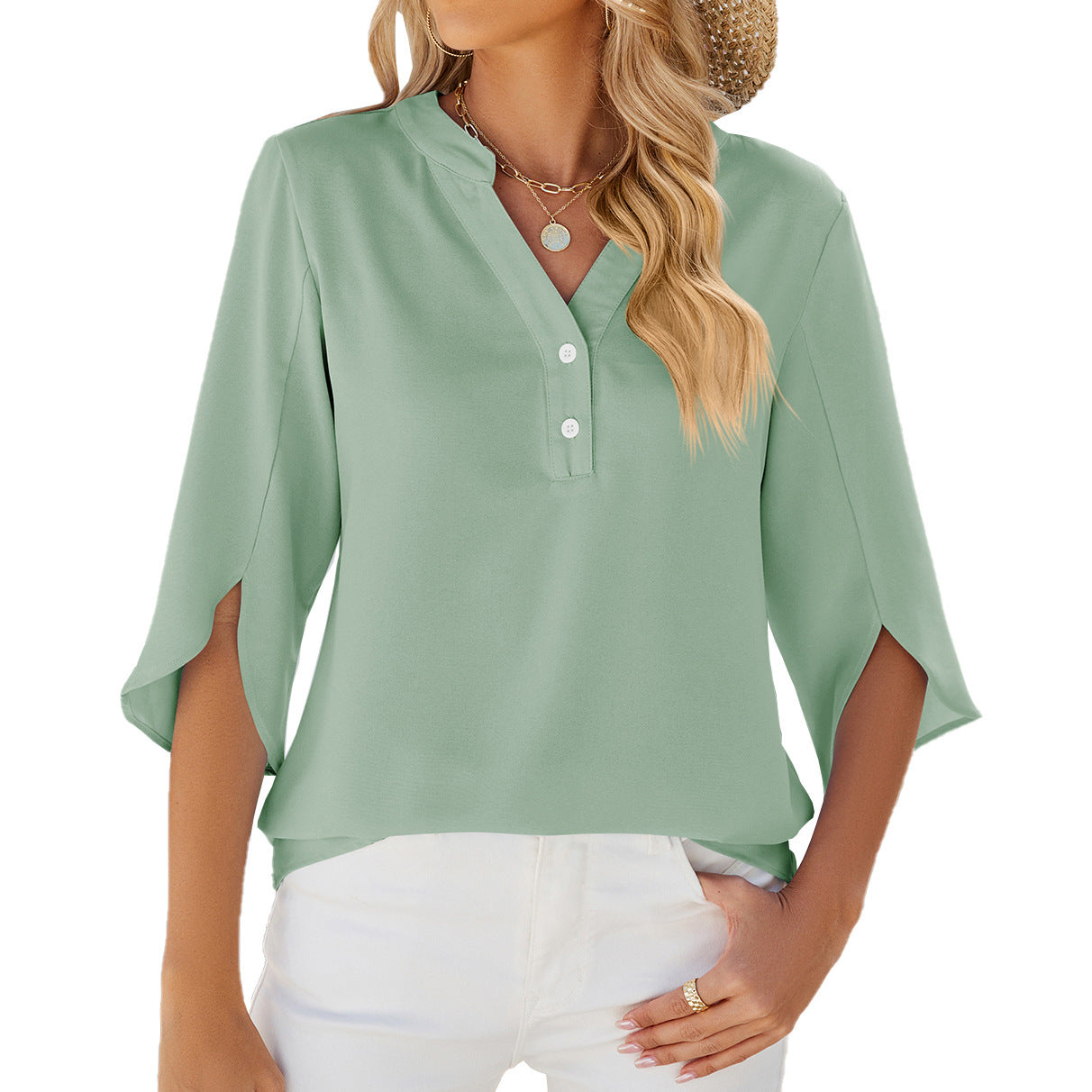 Women's Button V-Neck Mid Sleeve Chiffon Blouse Solid Top - LAKD London