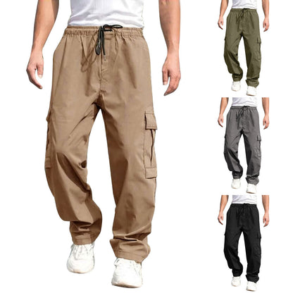Men's Casual Straight Cargo Trousers Drawstring Waist Pockets Style Everyday
