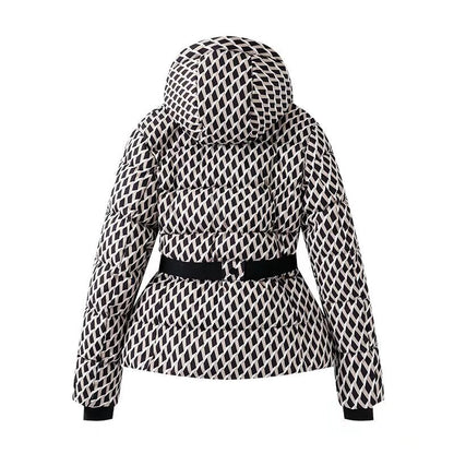 Women's Belted Down Jacket Warm Plaid Winter Street Style Fashion