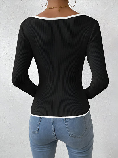 Women's Winter Ribbed Contrast Trim Knit Top With V-Neck