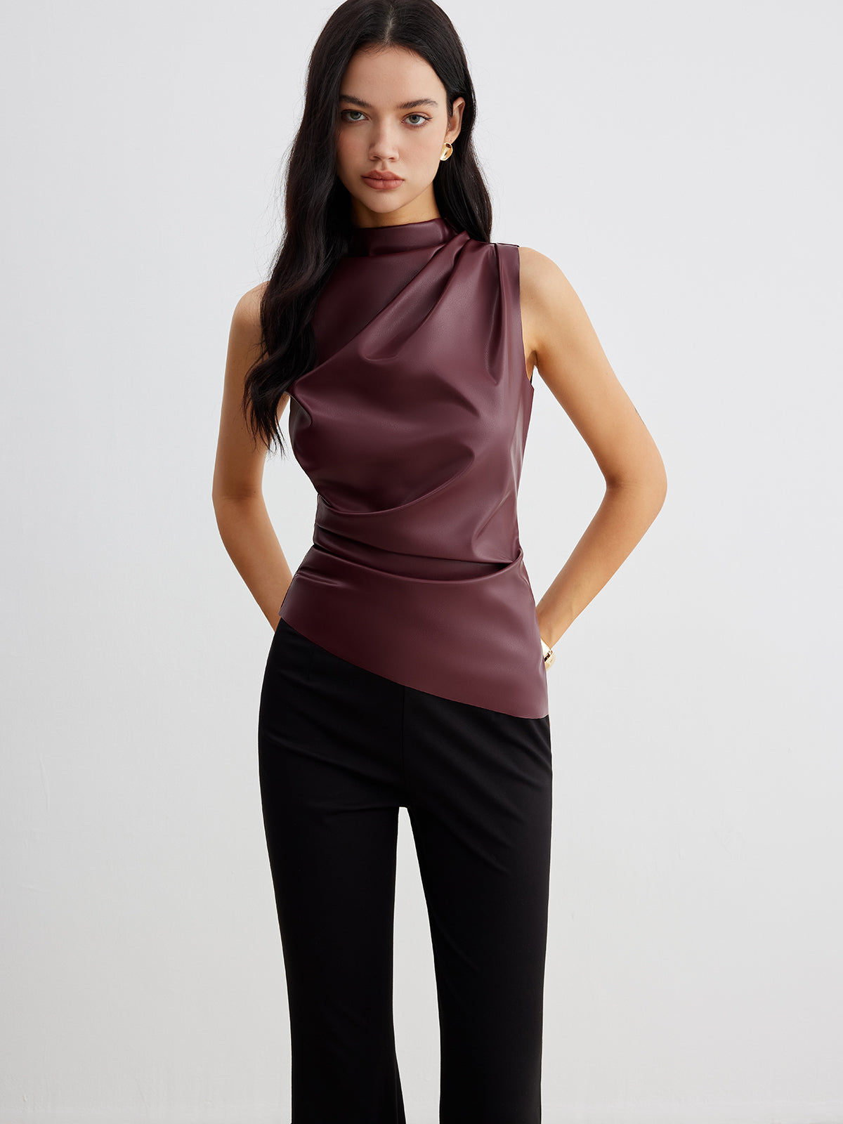 Women's Summer Faux Leather Sleeveless Chic High Neck Blouse Top