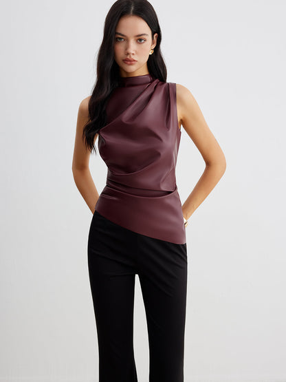 Women's Summer Faux Leather Sleeveless Chic High Neck Blouse Top