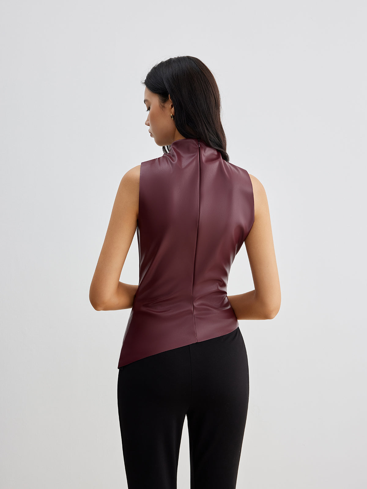 Women's Summer Faux Leather Sleeveless Chic High Neck Blouse Top