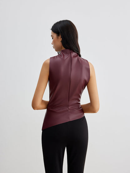 Women's Summer Faux Leather Sleeveless Chic High Neck Blouse Top