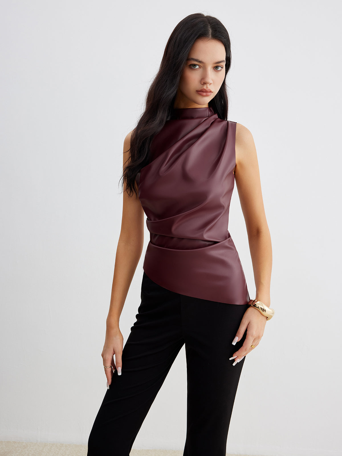 Women's Summer Faux Leather Sleeveless Chic High Neck Blouse Top