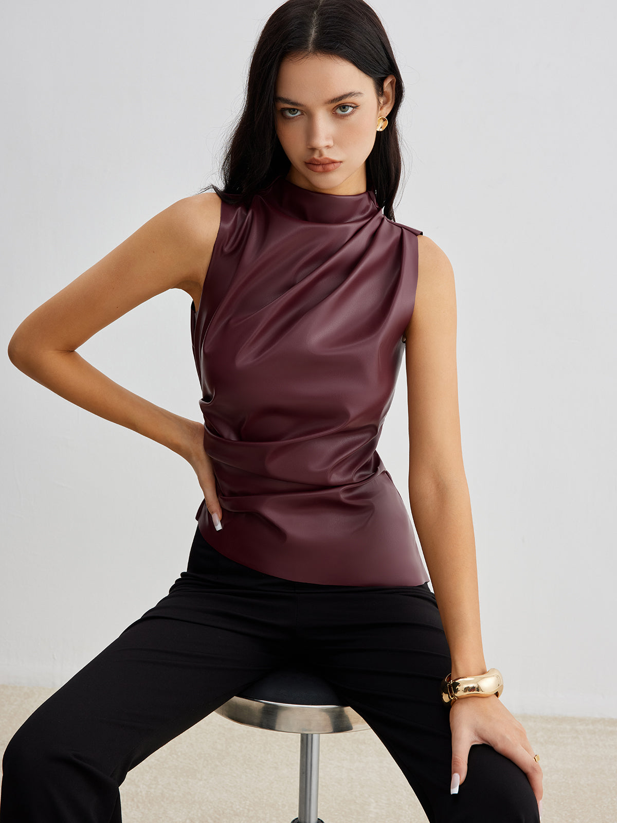 Women's Summer Faux Leather Sleeveless Chic High Neck Blouse Top