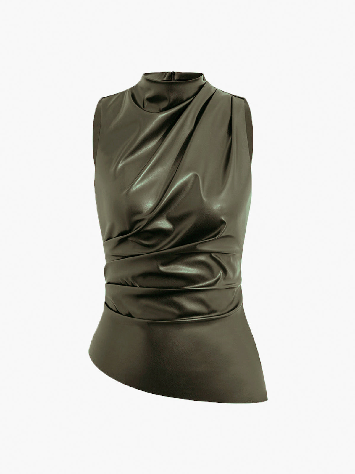 Women's Summer Faux Leather Sleeveless Chic High Neck Blouse Top