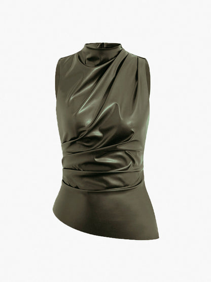 Women's Summer Faux Leather Sleeveless Chic High Neck Blouse Top