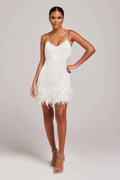 Women's Sequin Fringe Feather Mini Party Dress With Straps - LAKD London