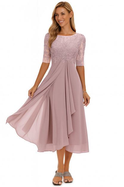 Women's summer lace bodice A-line midi dress by LAKD, featuring a flowy silhouette and elegant lace details for occasion wear.
