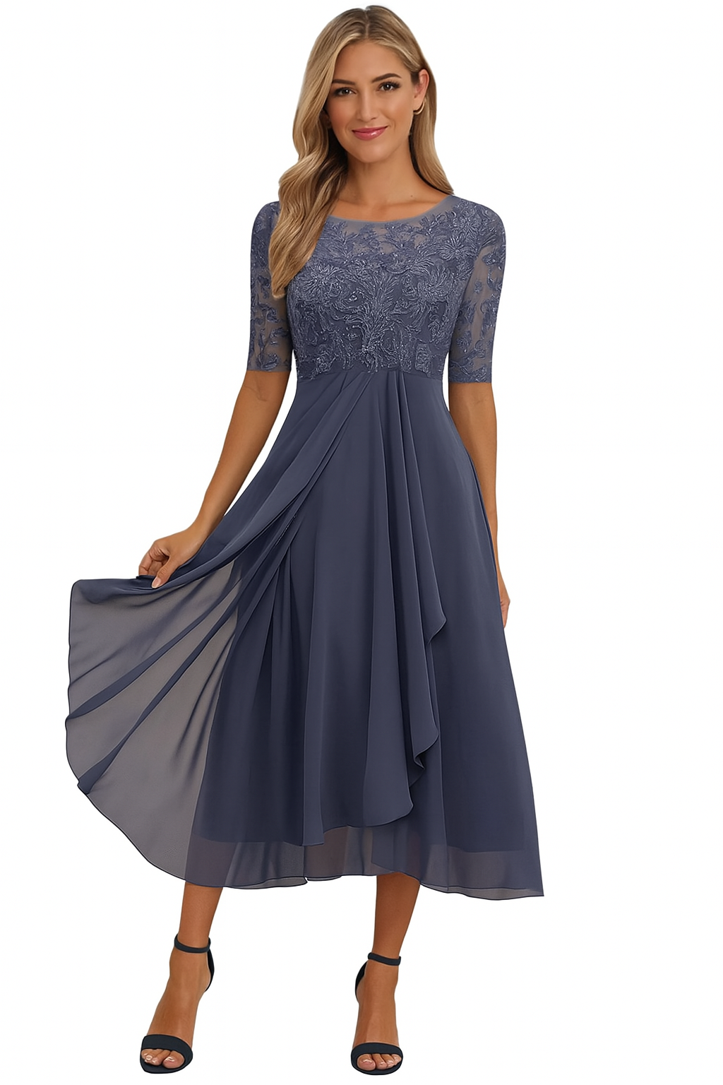 Women's summer lace bodice A-line midi dress by LAKD, featuring a flowy silhouette and elegant lace detailing.