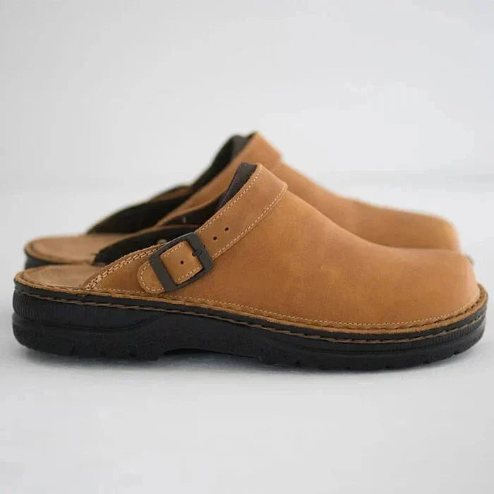 KRIZ | Orthopaedic Leather Slip-on Clogs With Adjustable Sandal Strap - LAKD London