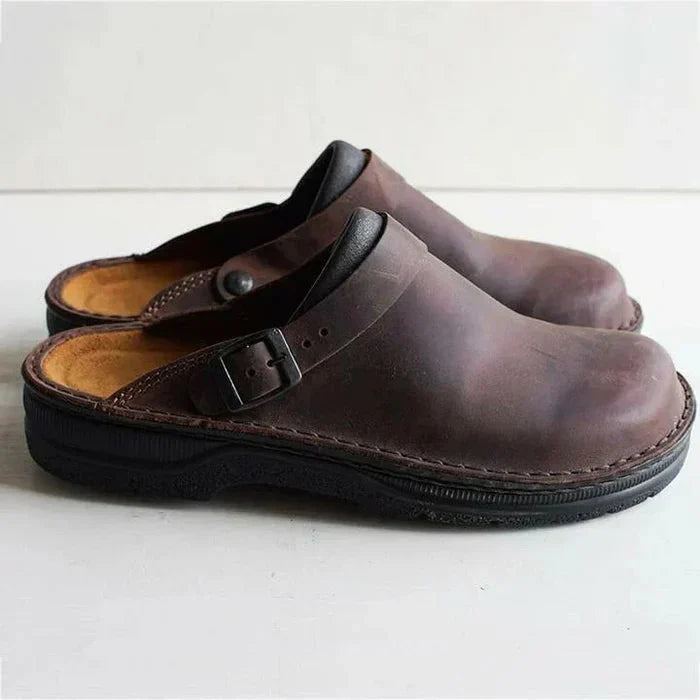 KRIZ | Orthopaedic Leather Slip-on Clogs With Adjustable Sandal Strap - LAKD London