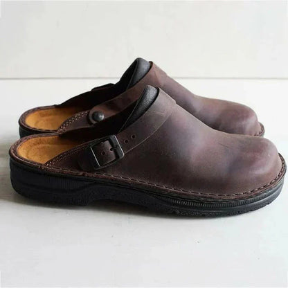 KRIZ | Orthopaedic Leather Slip-on Clogs With Adjustable Sandal Strap - LAKD London