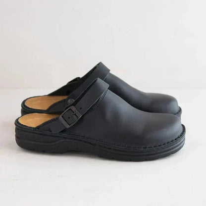 KRIZ | Orthopaedic Leather Slip-on Clogs With Adjustable Sandal Strap - LAKD London