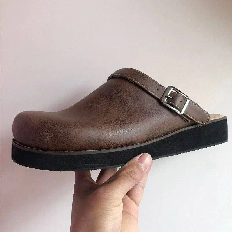 KRIZ | Orthopaedic Leather Slip-on Clogs With Adjustable Sandal Strap - LAKD London