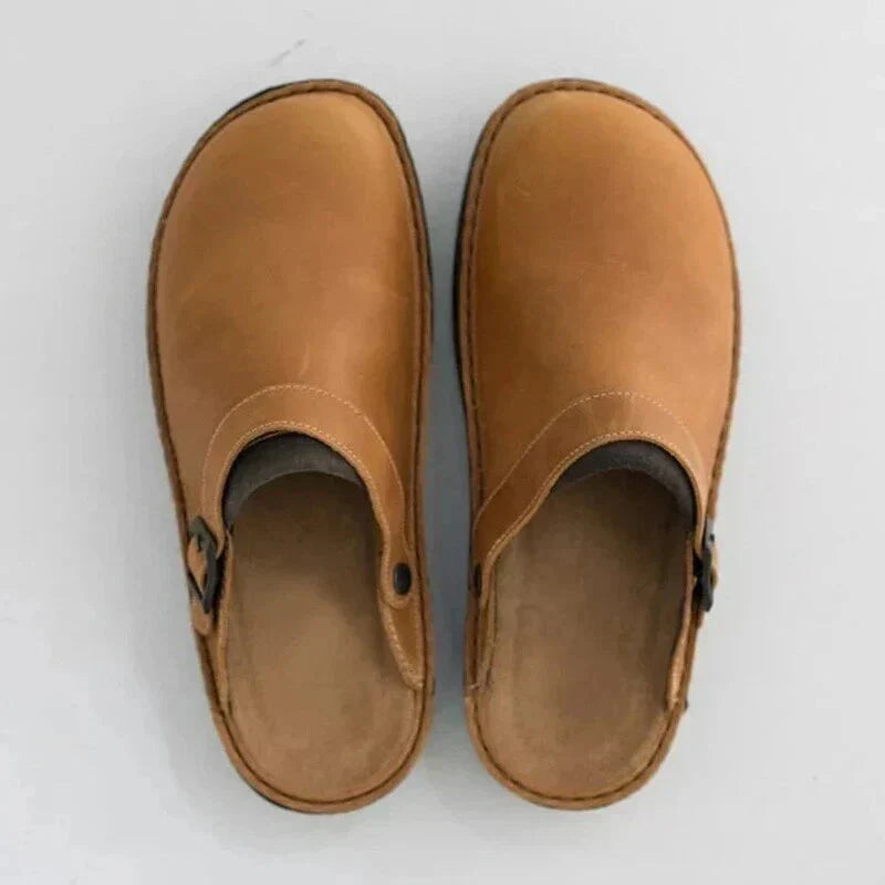 KRIZ | Orthopaedic Leather Slip-on Clogs With Adjustable Sandal Strap - LAKD London