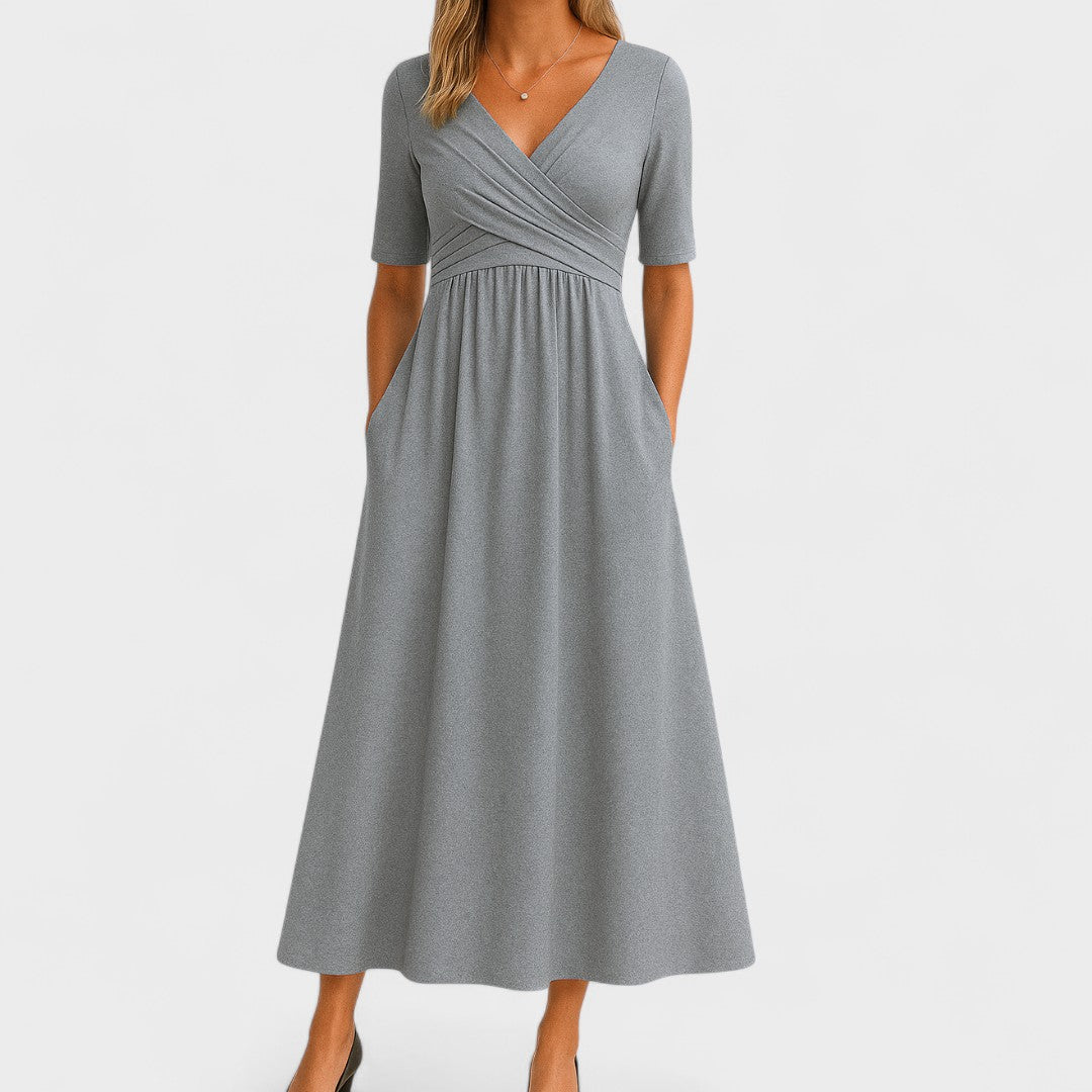 Women's Elegant Wrap Bodice Midi Dress With Pockets