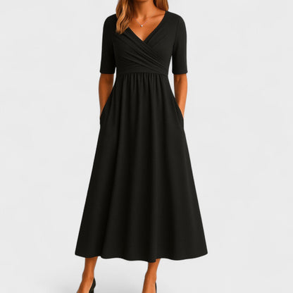 Women's Elegant Wrap Bodice Midi Dress With Pockets