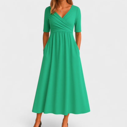 Women's Elegant Wrap Bodice Midi Dress With Pockets