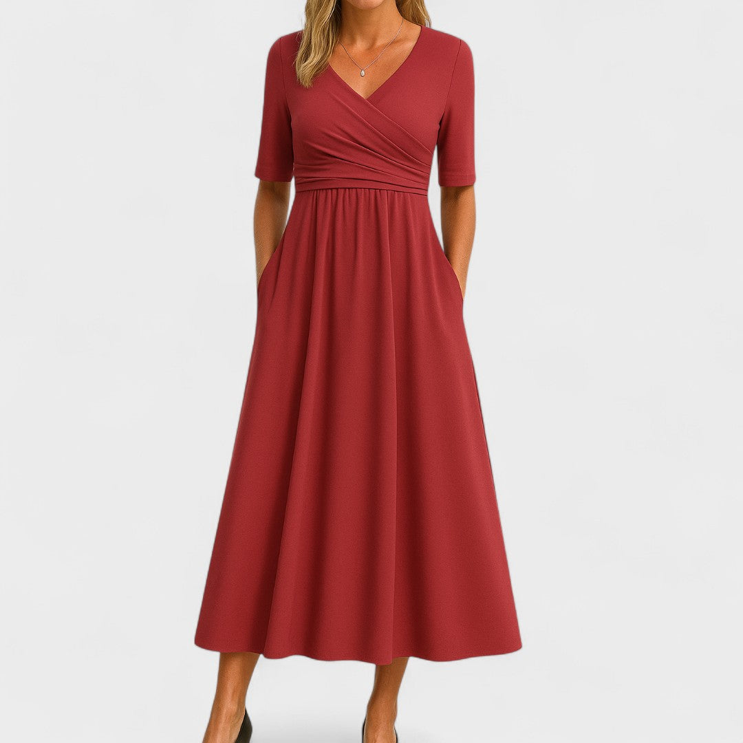 Women's Elegant Wrap Bodice Midi Dress With Pockets