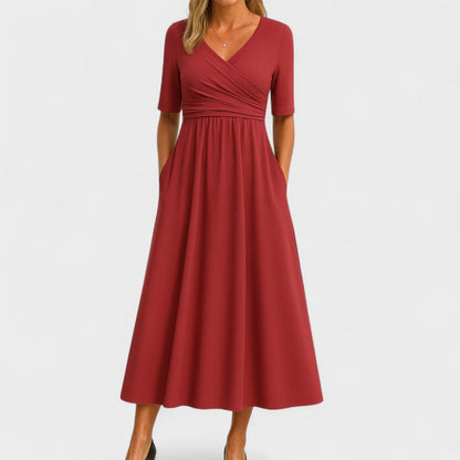 Women's Elegant Wrap Bodice Midi Dress With Pockets